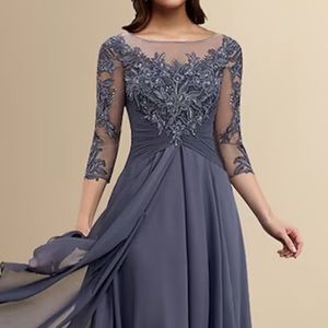 NWT GREY LACE AND BEADED EVENING GOWN